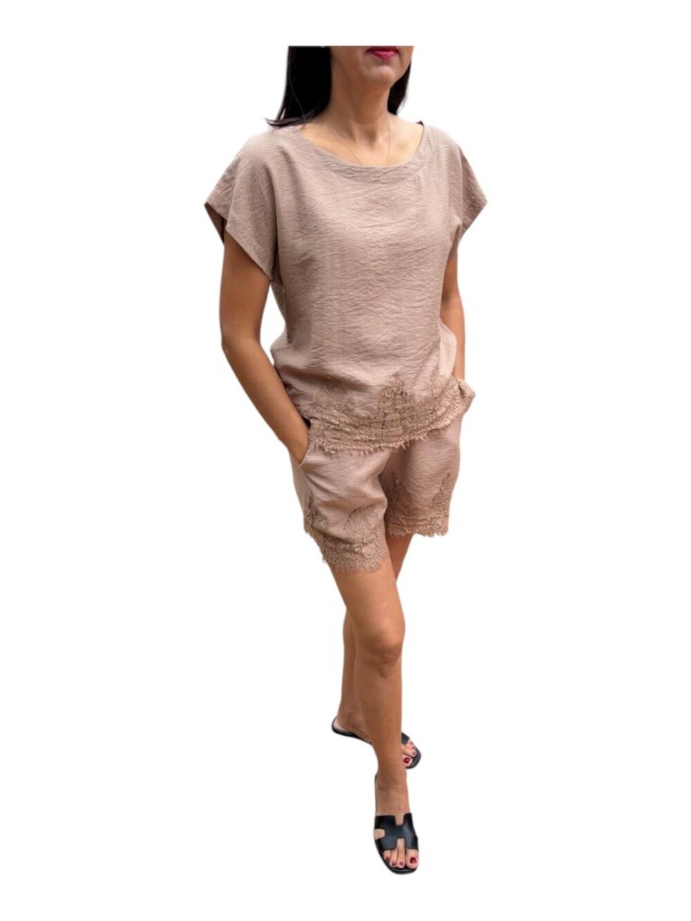 Women Outfits 2 Piece Set blouse and shorts with lace finishes and pockets.